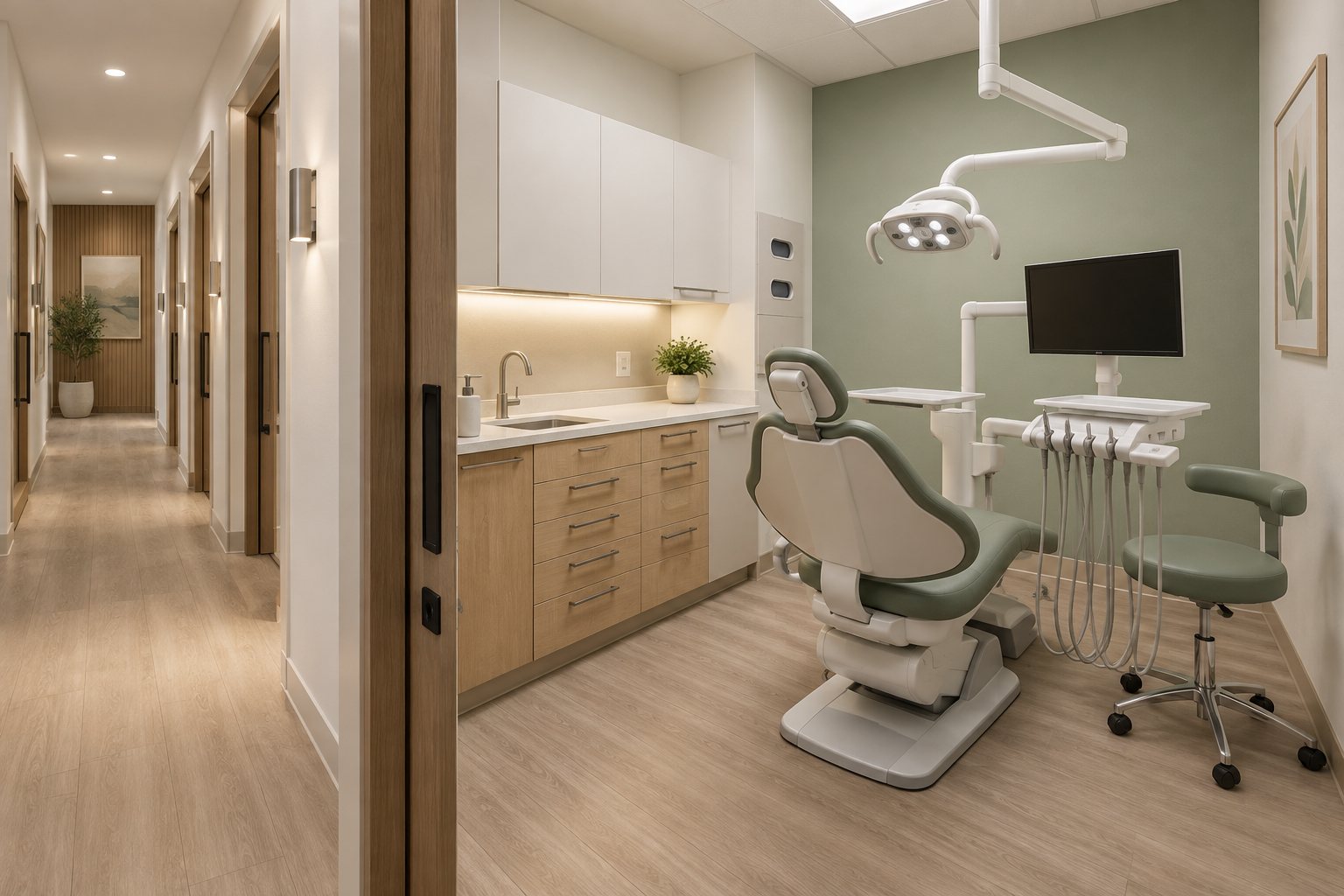 AI-generated conceptual dental treatment room, not a rendering of the actual project