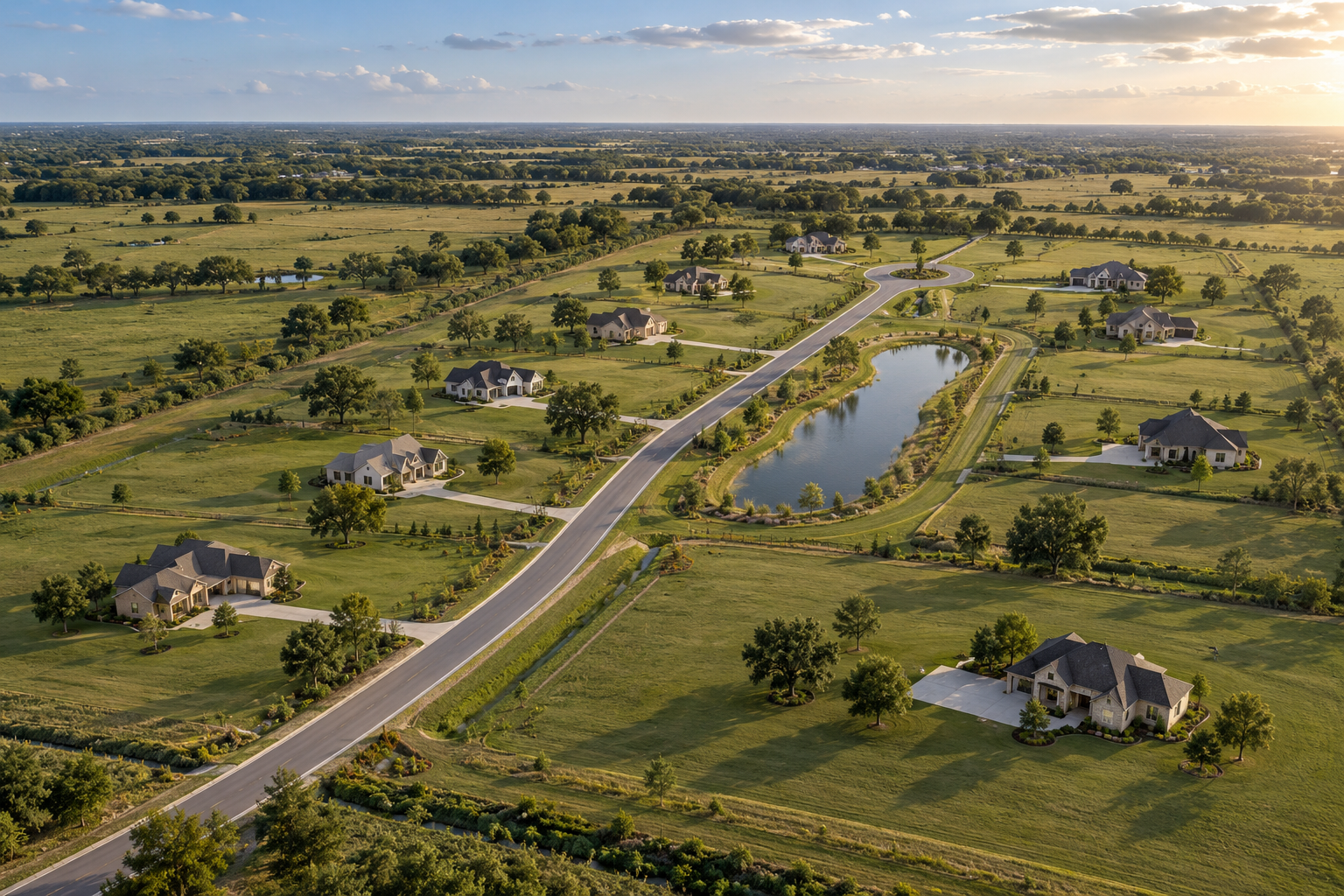 Conceptual 3D aerial rendering of a 17-lot residential subdivision with internal road and detention pond